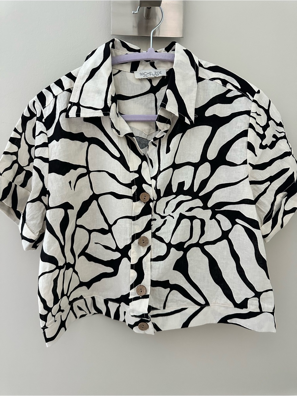 Rachel Zoe Black & White Abstract Linen-Style Button Crop Top